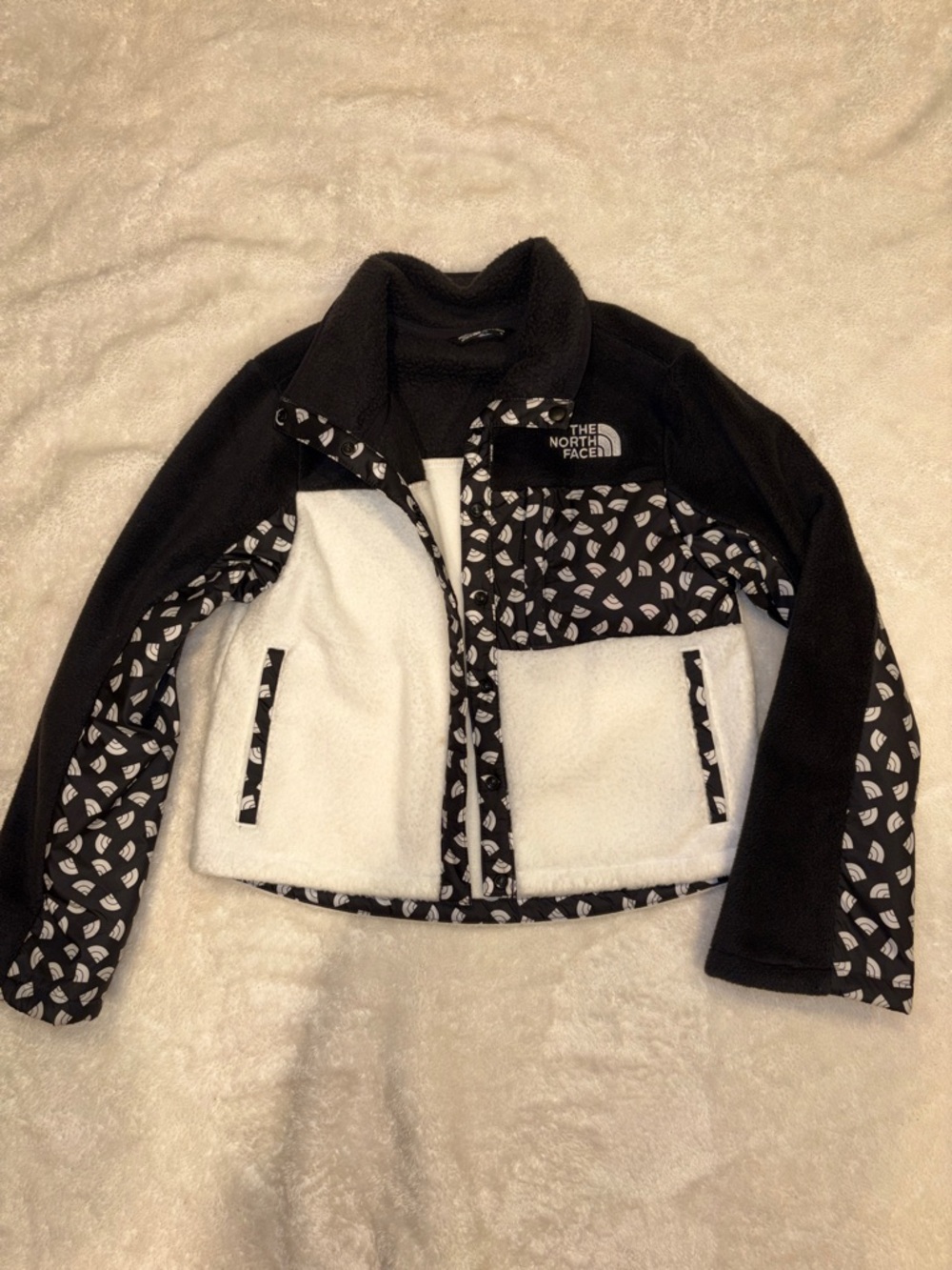 The North Face Black and White Patterned Sherpa Fleece Jacket